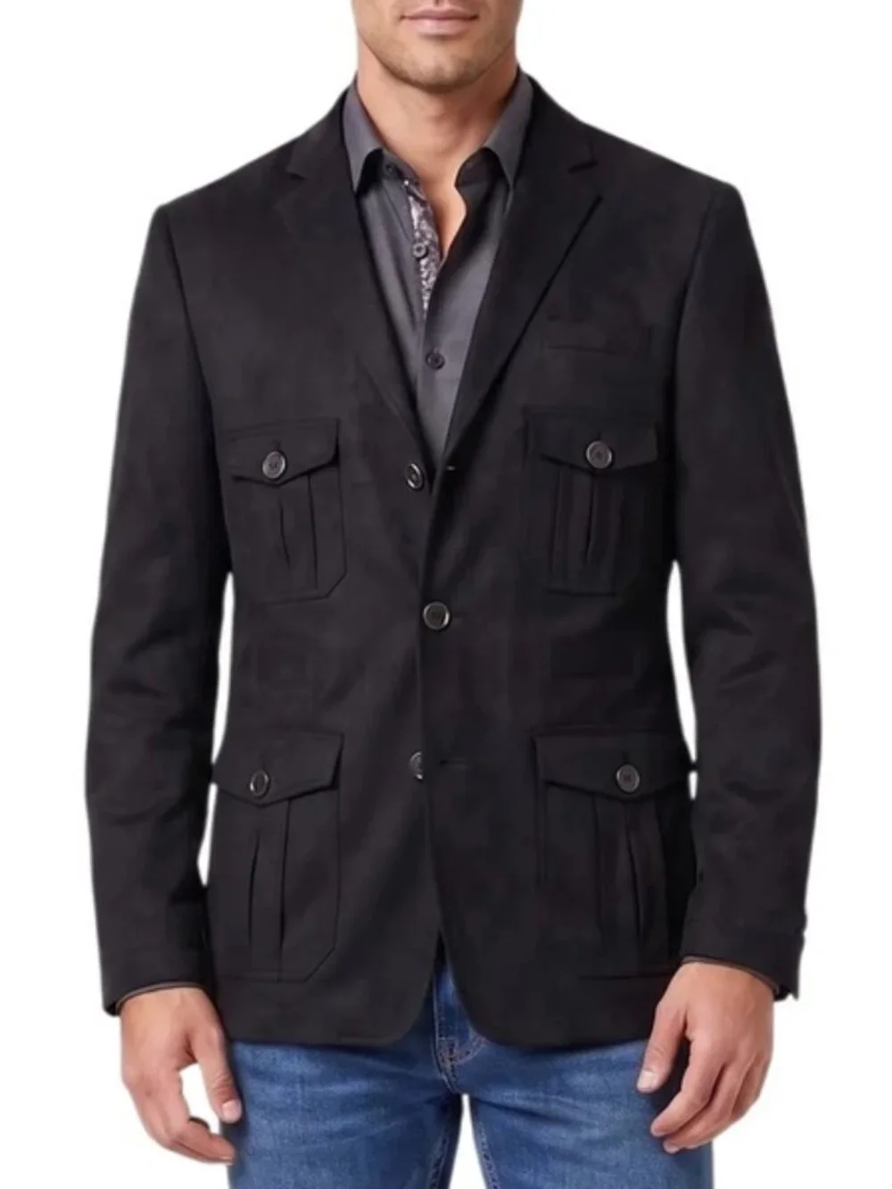 Solid Black Suede Slim Fit Casual Safari Men's Jacket